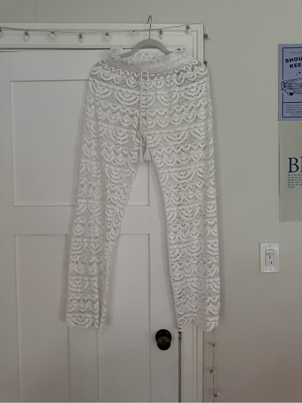Miken White Crochet Lace Pants with Drawstring Waist